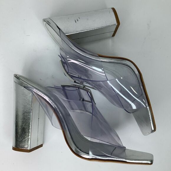 Schutz Madaleni Slide Vinyl  Square Toe Block Heel Silver Sandal Women Sz 8.5B - Picture 3 of 14